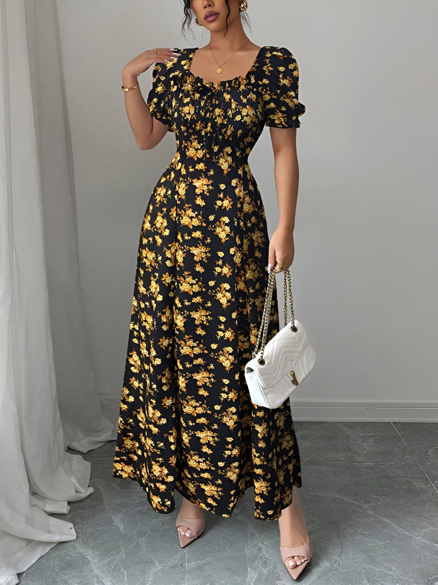 Gold - Woman wearing a floral print midaxi dress with puff sleeves, a square neckline, and a ruched bust detail.