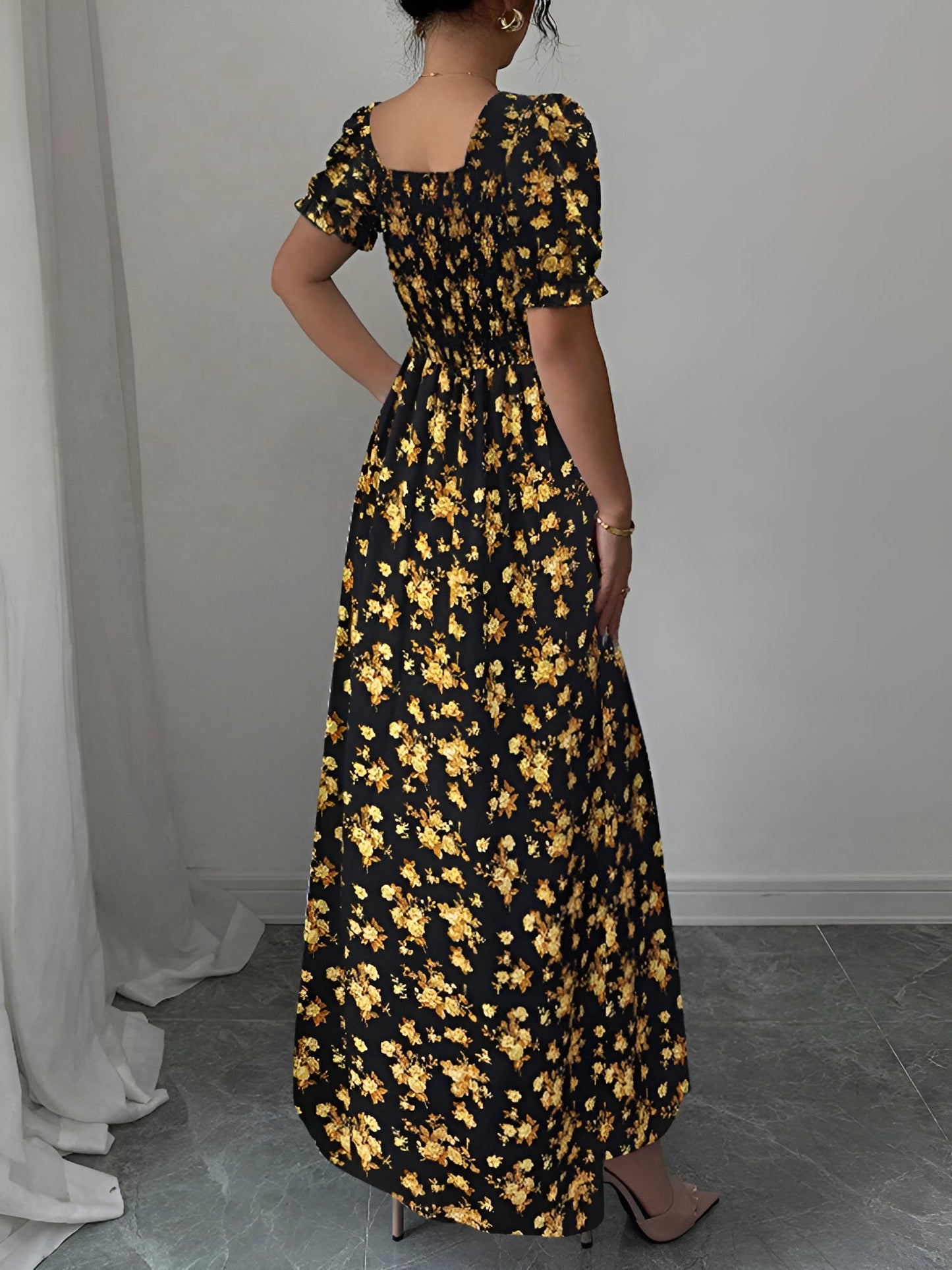 Gold - Woman wearing a floral print midaxi dress with puff sleeves, a square neckline, and a ruched bust detail.