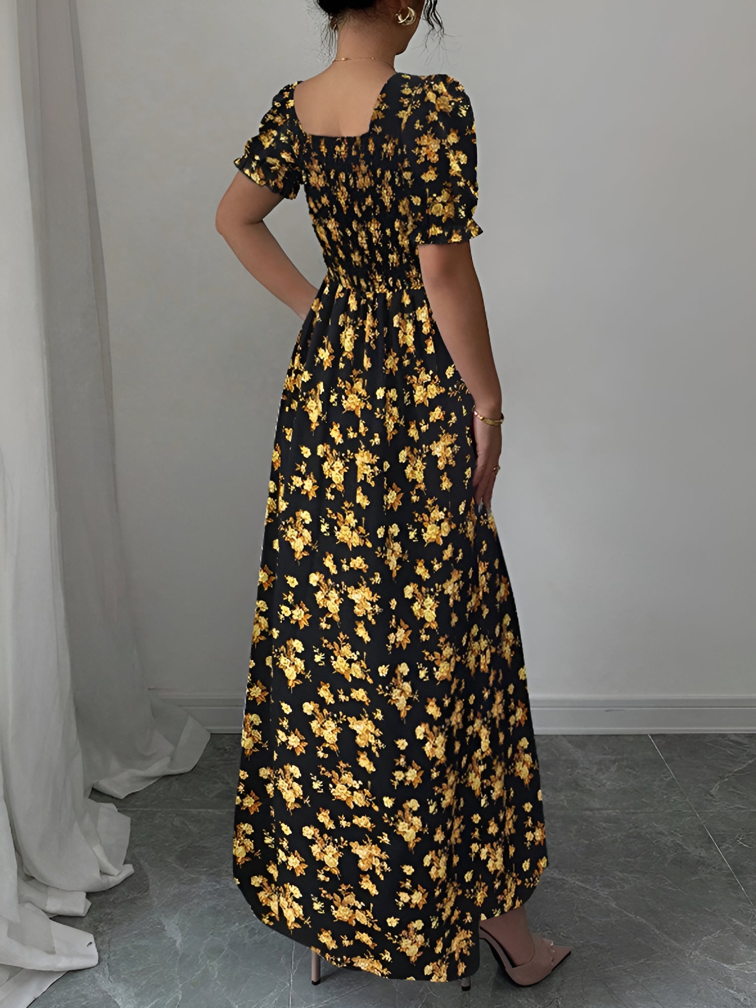 Gold - Woman wearing a floral print midaxi dress with puff sleeves, a square neckline, and a ruched bust detail.