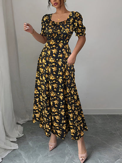 Gold - Woman wearing a floral print midaxi dress with puff sleeves, a square neckline, and a ruched bust detail.