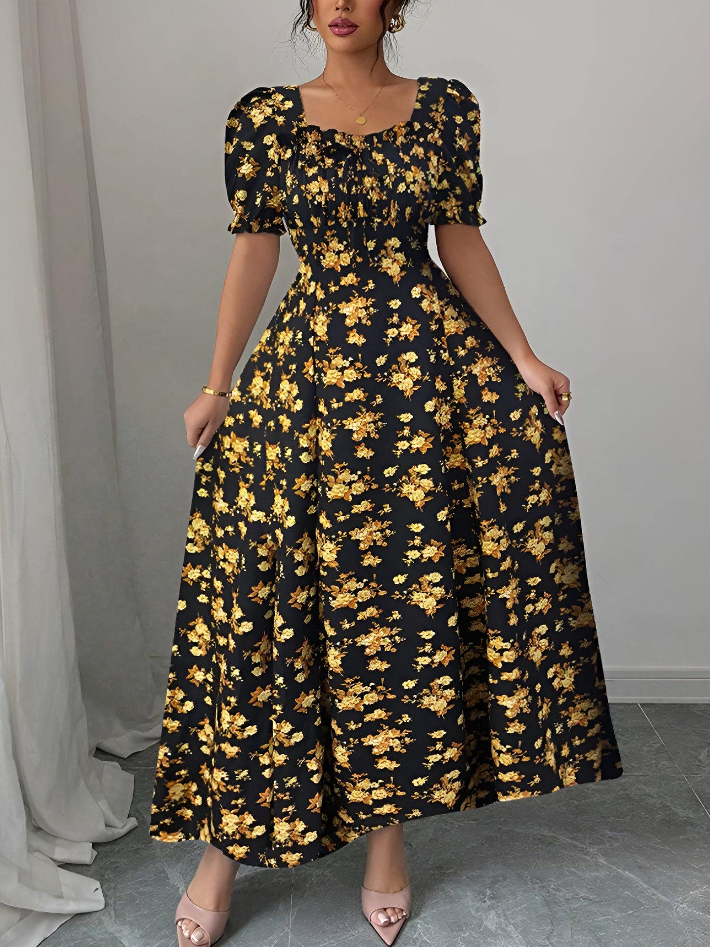 Gold - Woman wearing a floral print midaxi dress with puff sleeves, a square neckline, and a ruched bust detail.
