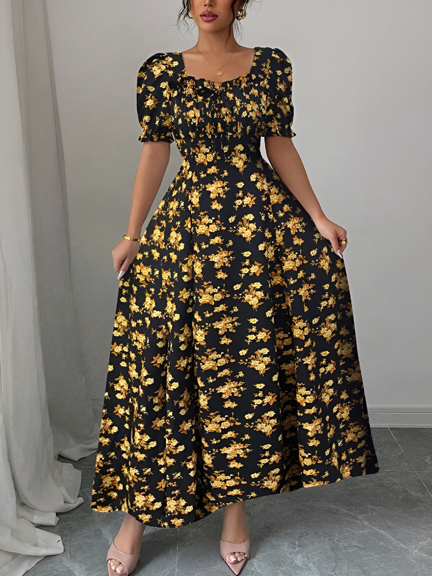 Gold - Woman wearing a floral print midaxi dress with puff sleeves, a square neckline, and a ruched bust detail.
