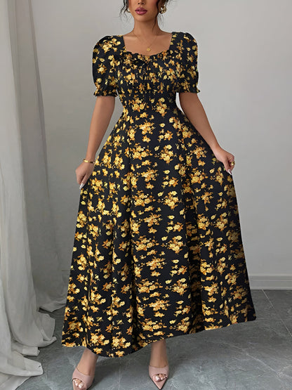 Gold - Woman wearing a floral print midaxi dress with puff sleeves, a square neckline, and a ruched bust detail.