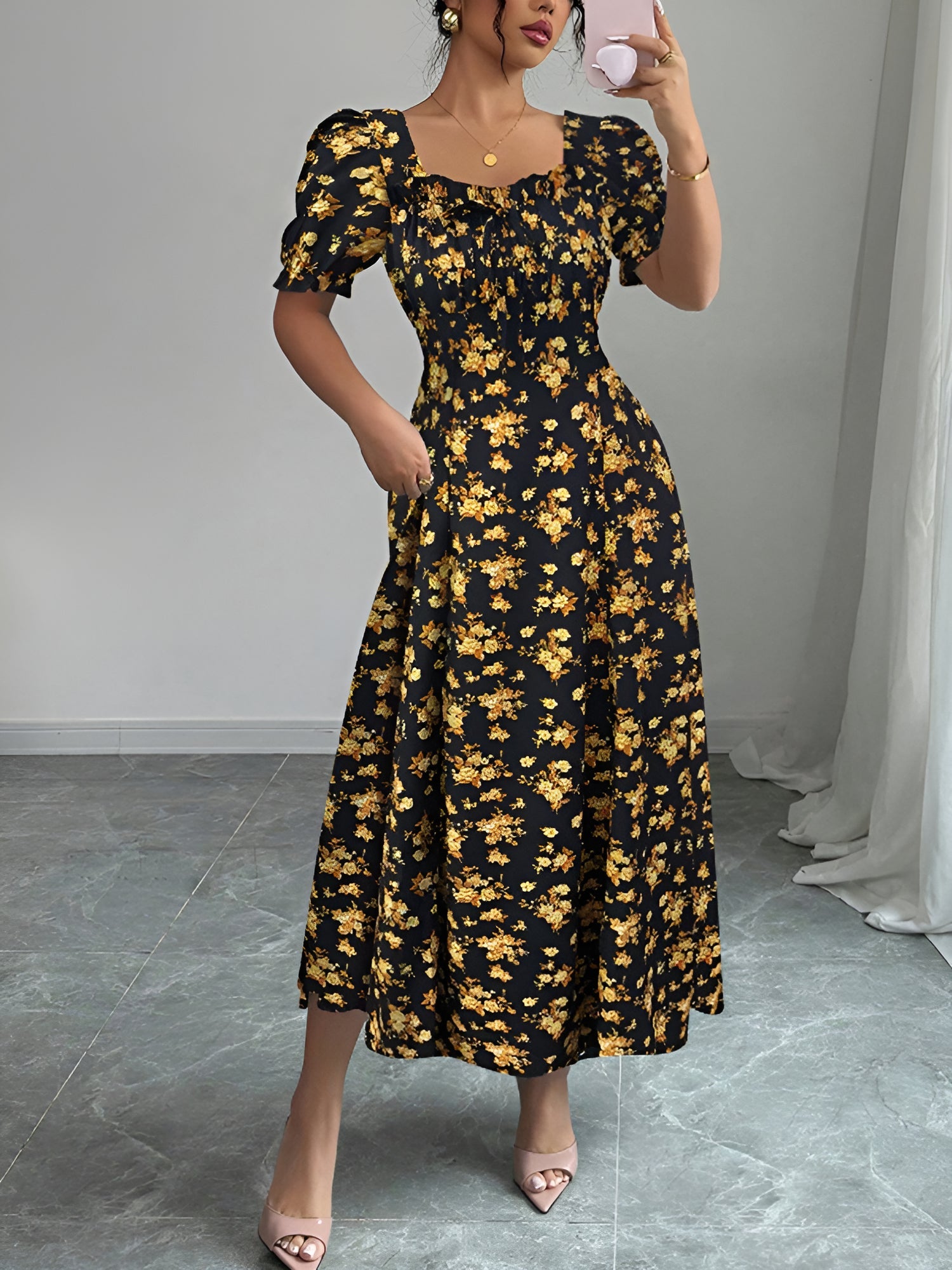 Gold - Woman wearing a floral print midaxi dress with puff sleeves, a square neckline, and a ruched bust detail.