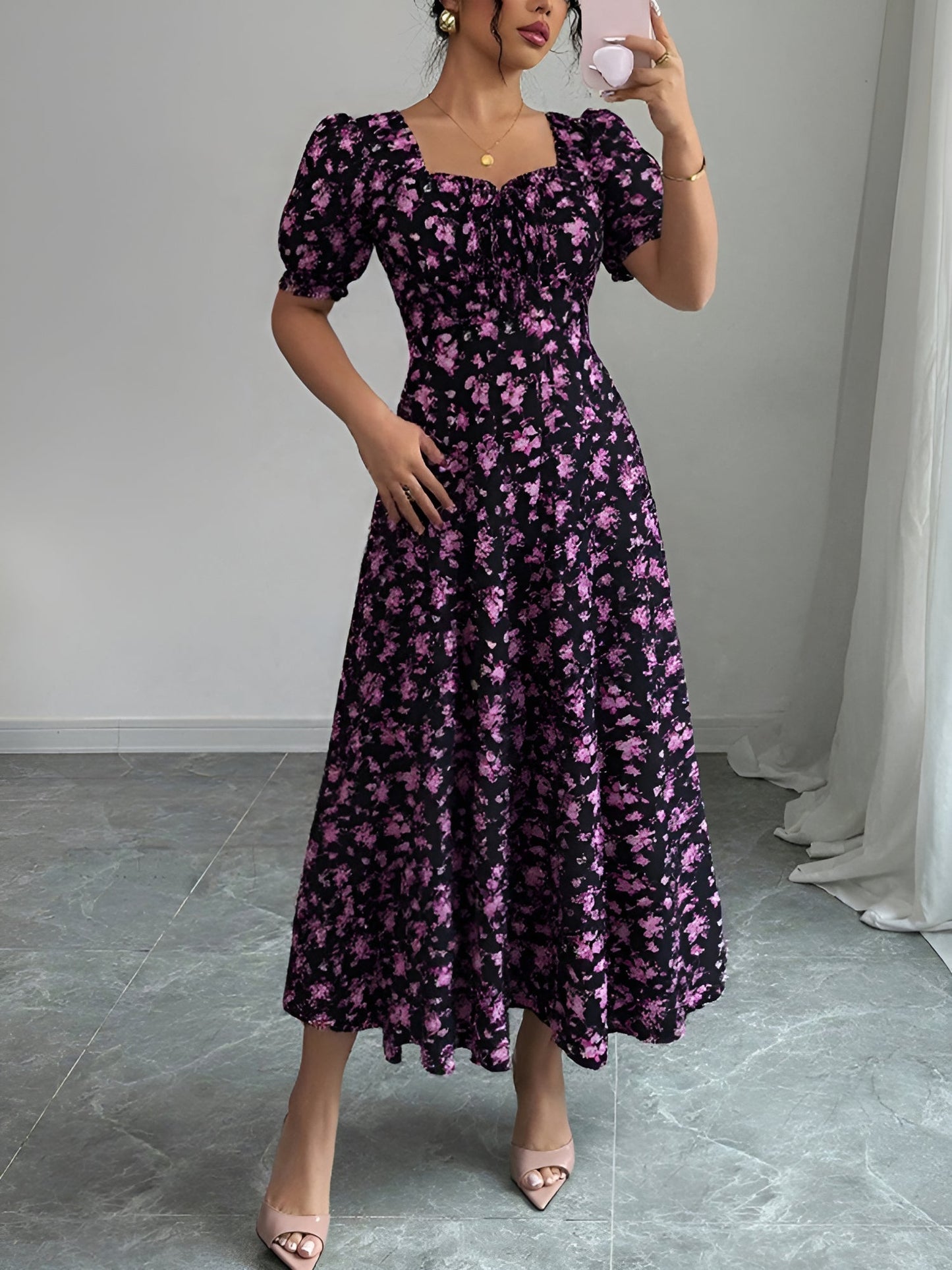 Dark Purple - Woman wearing a floral print midaxi dress with puff sleeves, a square neckline, and a ruched bust detail.