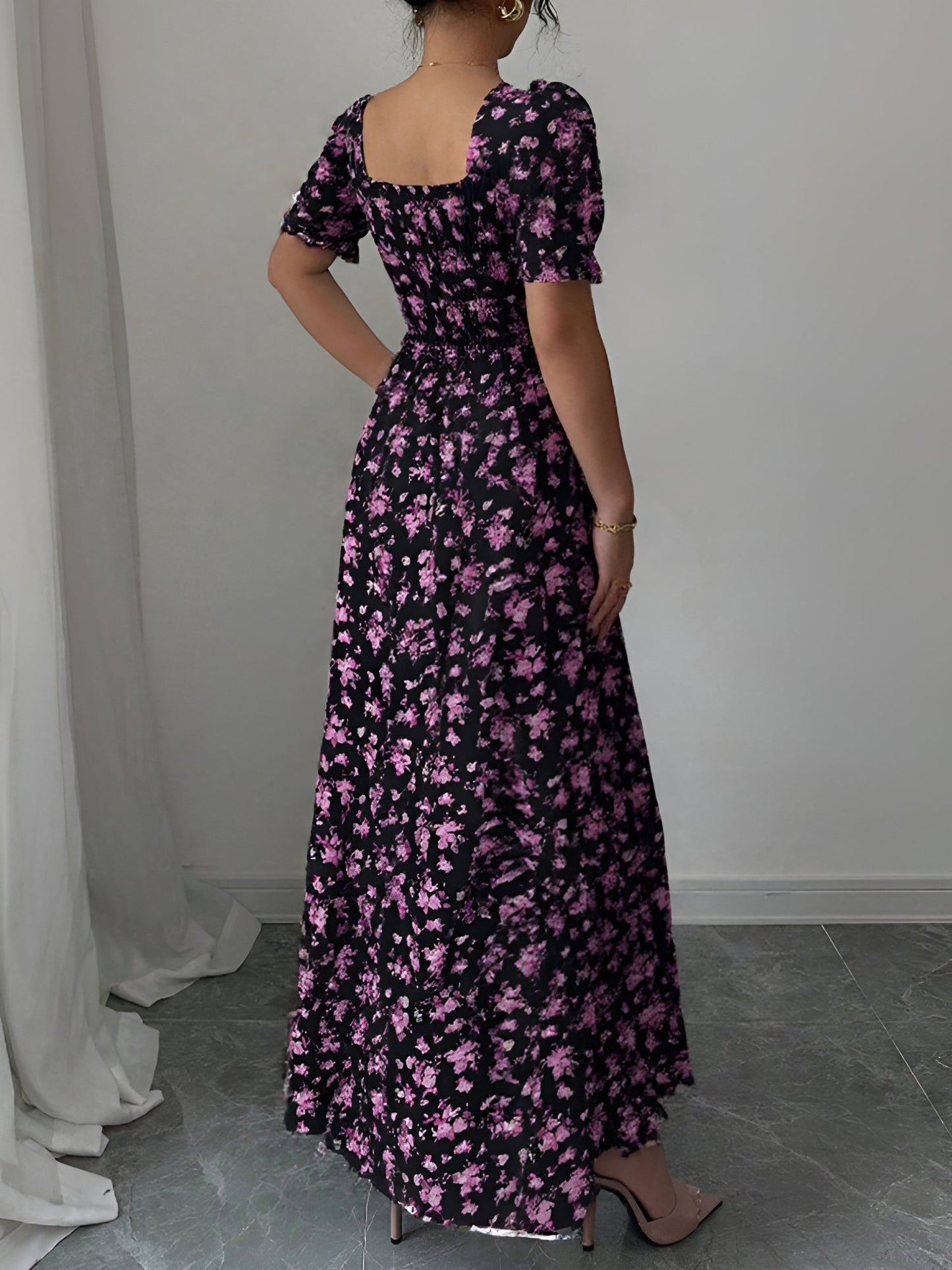 Dark Purple - Woman wearing a floral print midaxi dress with puff sleeves, a square neckline, and a ruched bust detail.