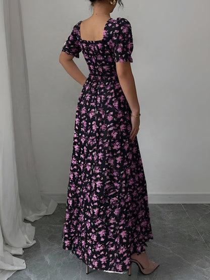 Dark Purple - Woman wearing a floral print midaxi dress with puff sleeves, a square neckline, and a ruched bust detail.