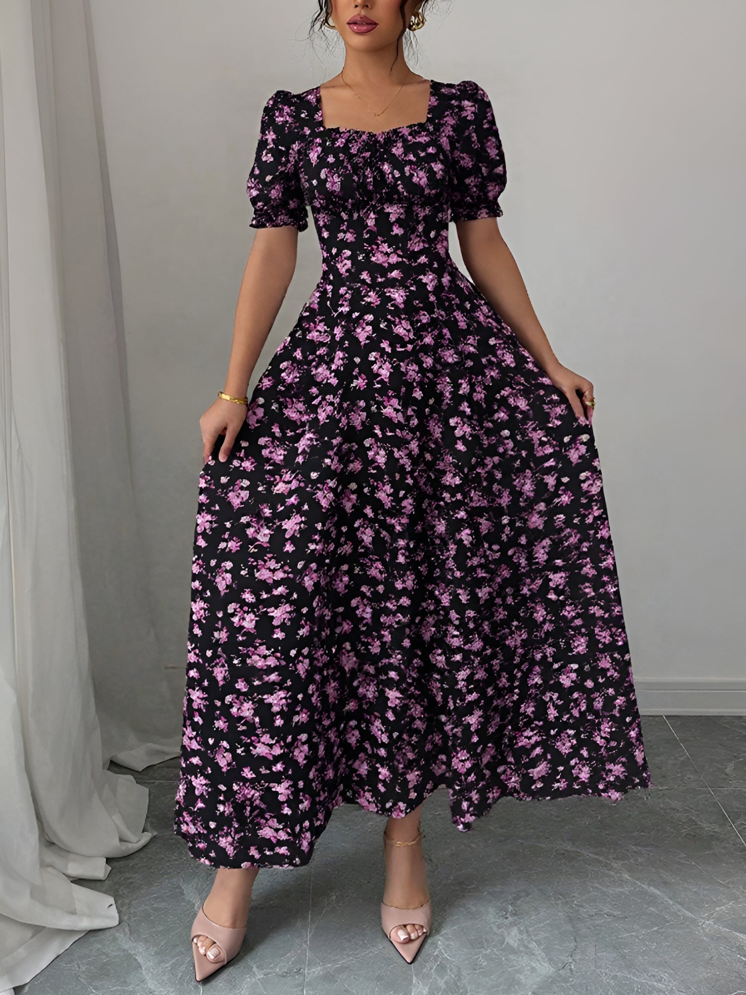 Dark Purple - Woman wearing a floral print midaxi dress with puff sleeves, a square neckline, and a ruched bust detail.