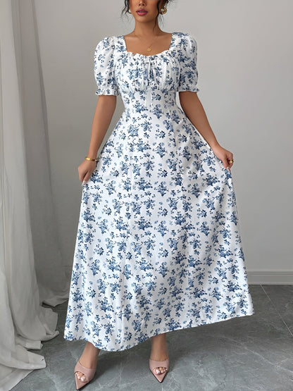 White - Woman wearing a floral print midaxi dress with puff sleeves, a square neckline, and a ruched bust detail.