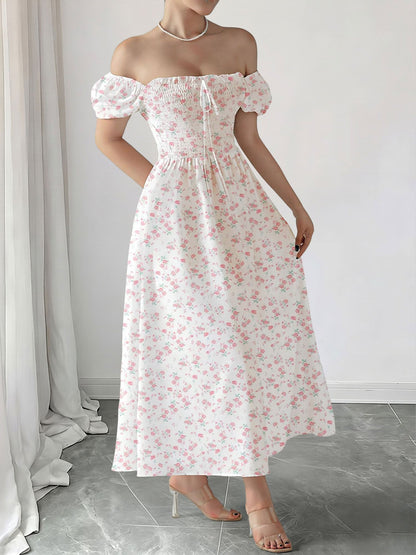 Light Pink - Woman wearing a woven floral square-neck midi dress with short puff sleeves and a shirred bodice