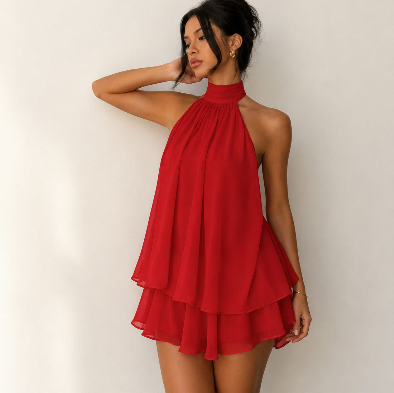 Chiffon Halter Tiered Mini Dress