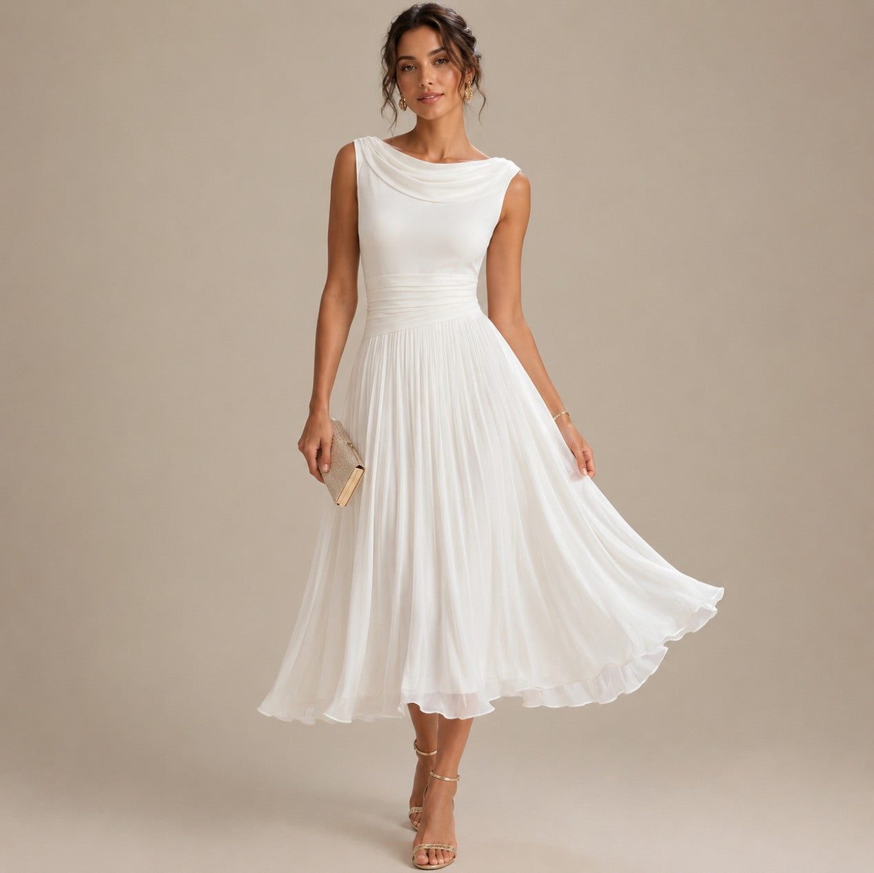 Cowl Neck Pleated Midi Dress