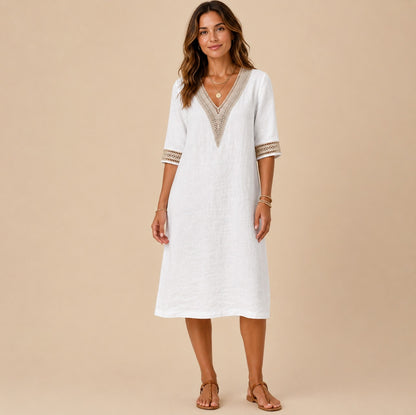 Linen Crochet Trim Midi Dress