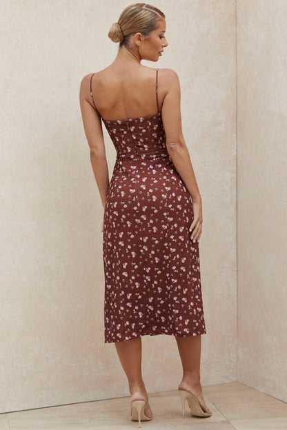 Claret - Women's brown midi dress featuring a ditsy floral print, ruched bust with tie detail, spaghetti straps, and a high thigh slit.