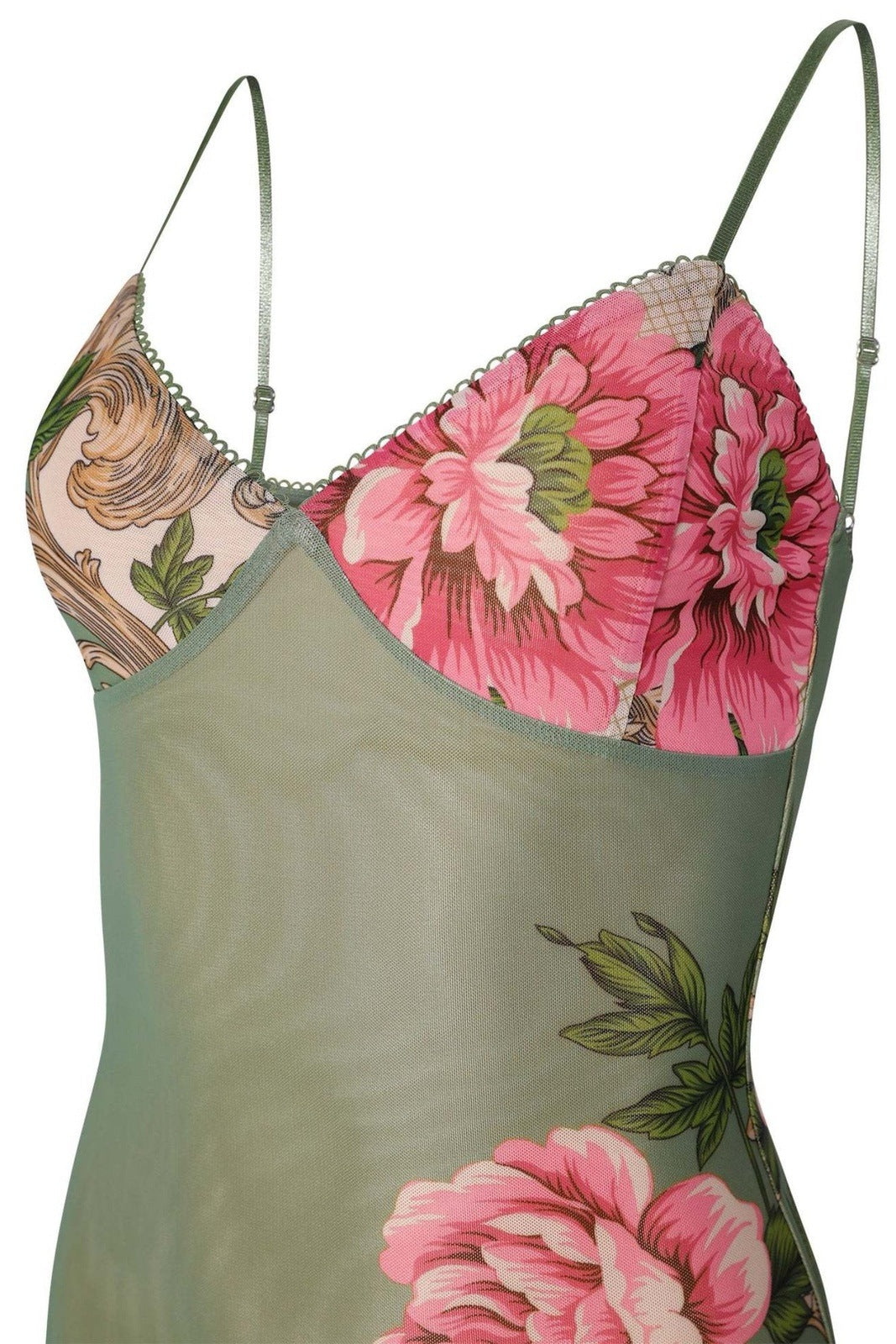Olive - Women's form-fitting green slip maxi dress featuring a large pink floral and ornate botanical print, styled with delicate spaghetti straps.