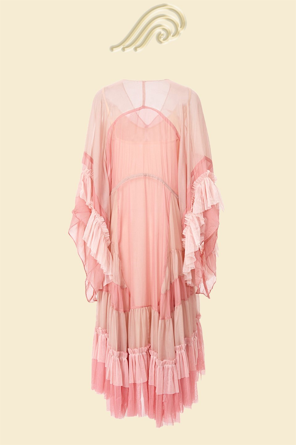 Pink - Women's elegant pink colourblock midi dress featuring a V-neckline, sheer draped sleeves, a tie-waist with tassels, and a tiered ruffle skirt made of flowy semi-sheer fabric.