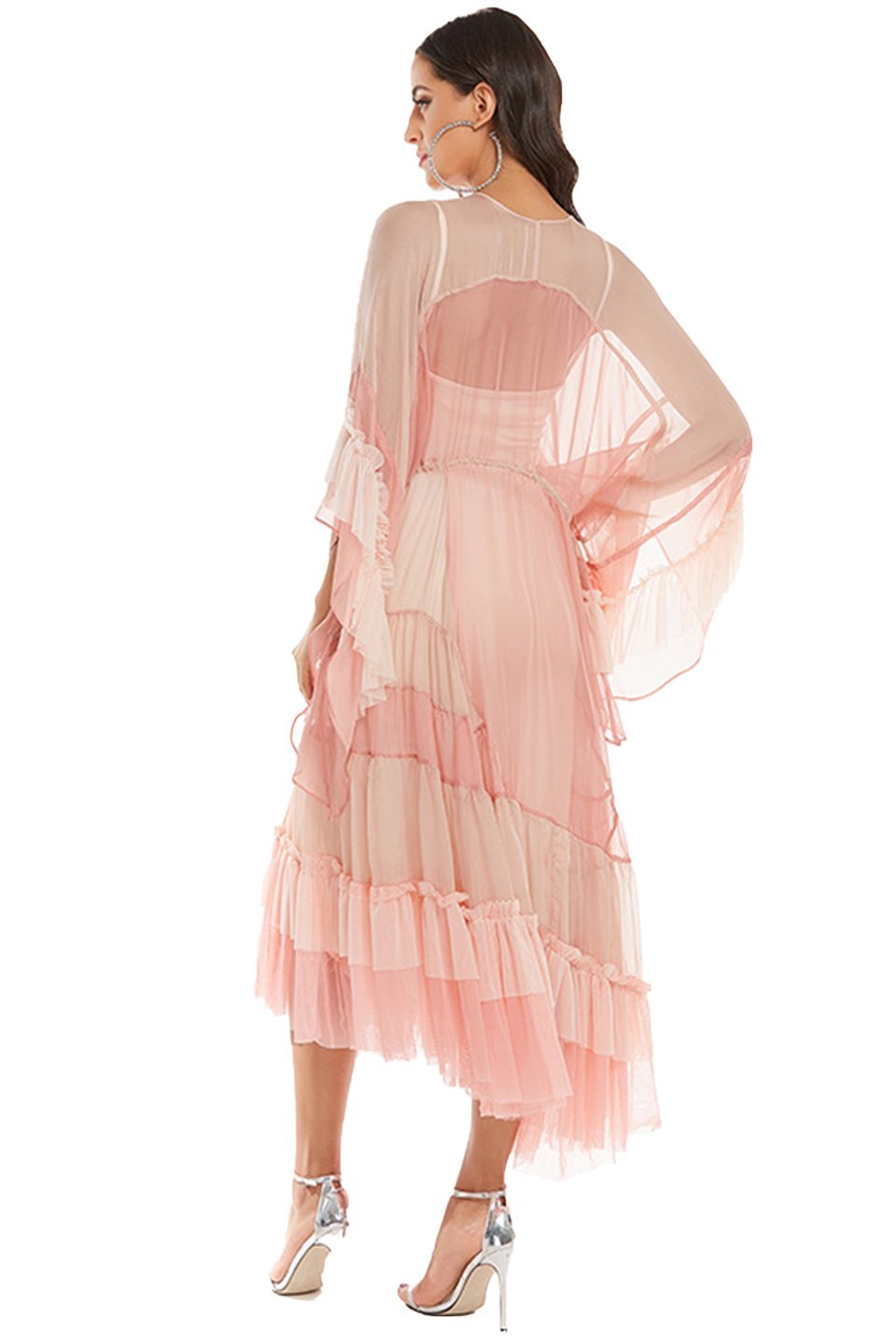 Women's elegant pink colourblock midi dress featuring a V-neckline, sheer draped sleeves, a tie-waist with tassels, and a tiered ruffle skirt made of flowy semi-sheer fabric.