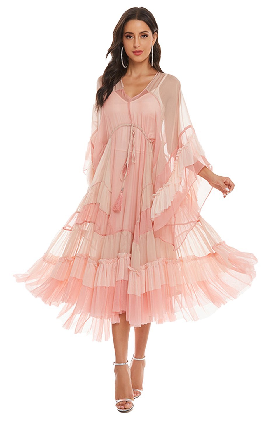 Women's elegant pink colourblock midi dress featuring a V-neckline, sheer draped sleeves, a tie-waist with tassels, and a tiered ruffle skirt made of flowy semi-sheer fabric.