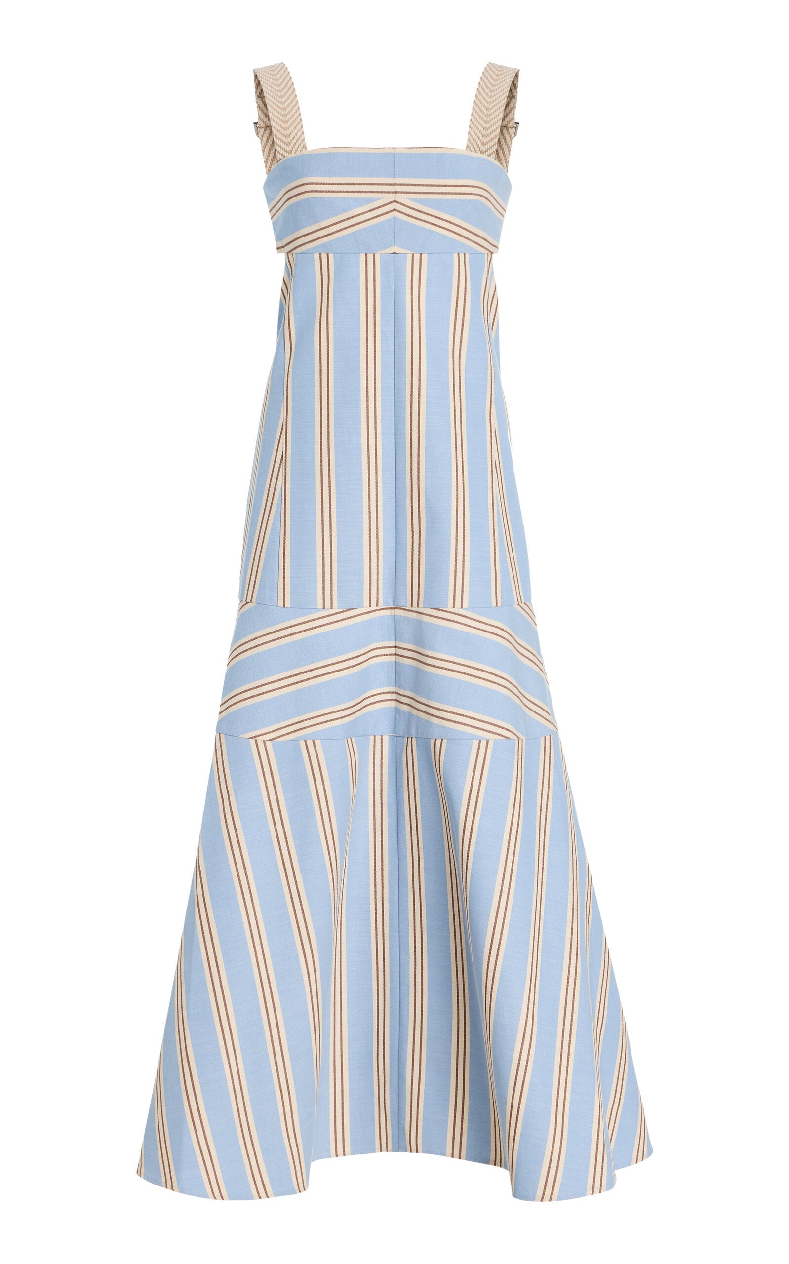 Women's light blue, beige, and brown striped midi dress featuring wide textured straps, side waist cutouts, and a panelled A-line skirt creating a chevron stripe effect.