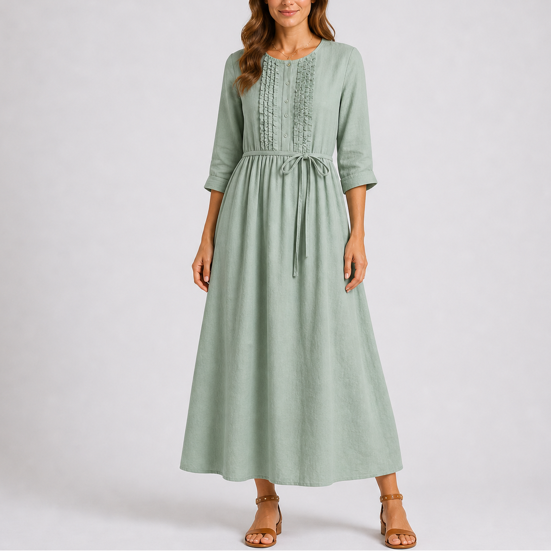 Green - Woman wearing a relaxed woven midaxi dress with 3/4 sleeves, a tie waist, and a ruffled button-front bodice