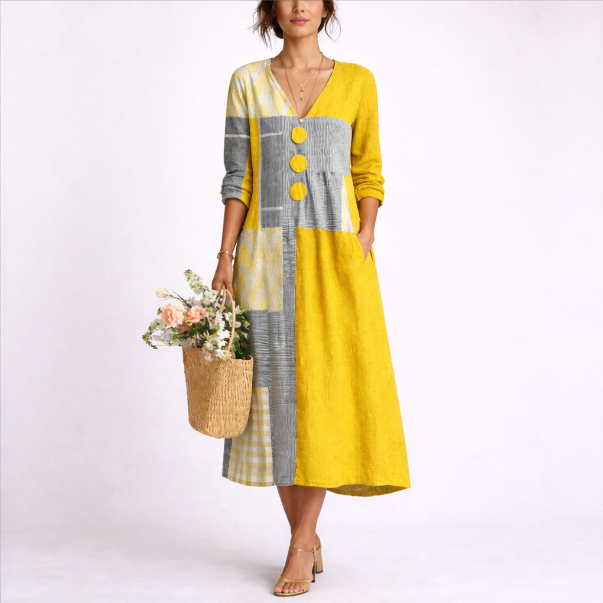 XL - Woman wearing a relaxed patchwork midi dress with a V-neckline, 3/4 sleeves, and large front buttons, holding a woven basket with flowers.