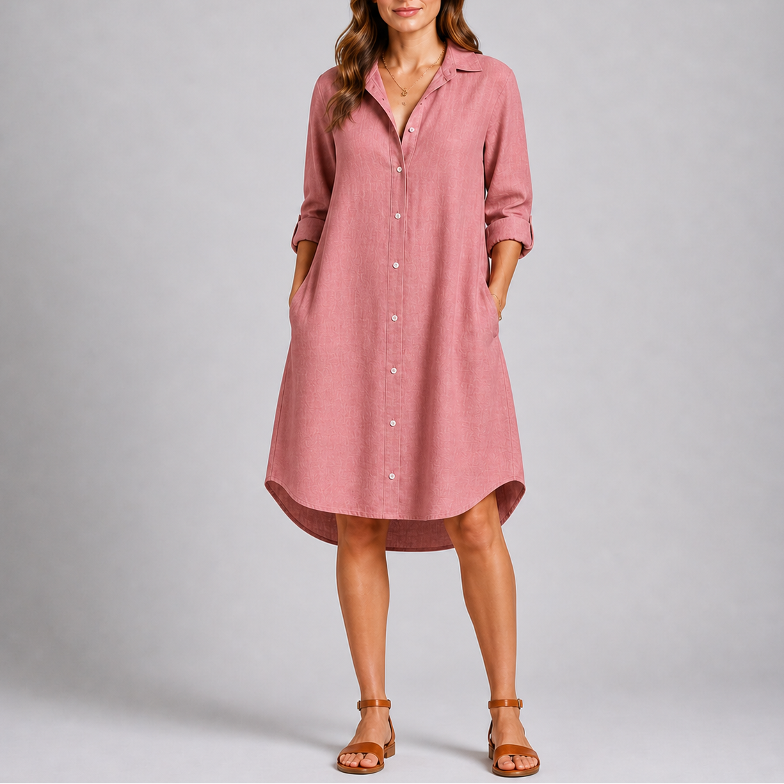 Pink - Woman modelling a relaxed fit, long-sleeve midi shirt dress featuring a collared neckline, button-down front, and side pockets.