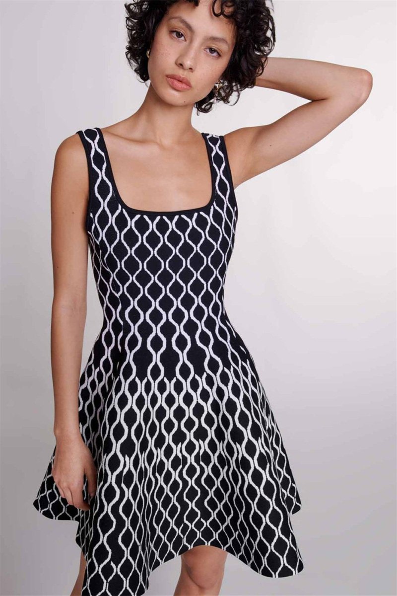 Black - Women's sleeveless fit-and-flare mini dress featuring a bold black and white geometric print, a square neckline, and side pockets.