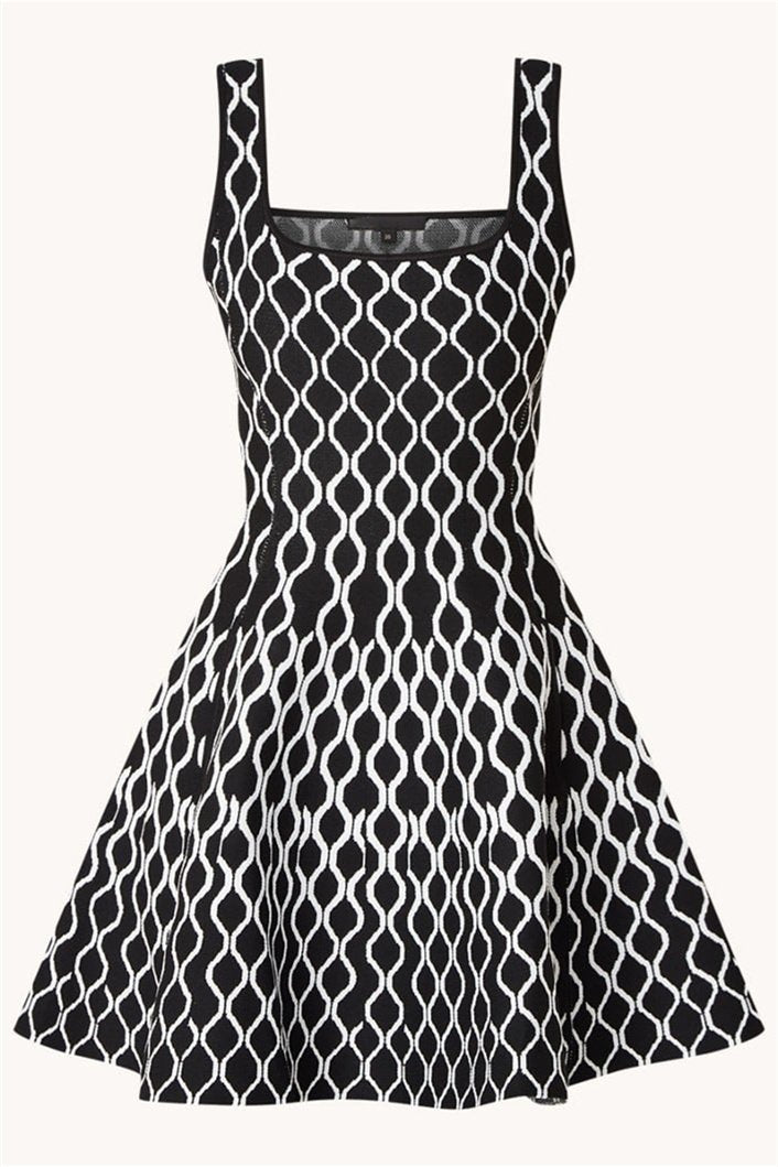 Black - Women's sleeveless fit-and-flare mini dress featuring a bold black and white geometric print, a square neckline, and side pockets.