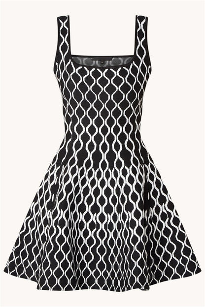 Black - Women's sleeveless fit-and-flare mini dress featuring a bold black and white geometric print, a square neckline, and side pockets.