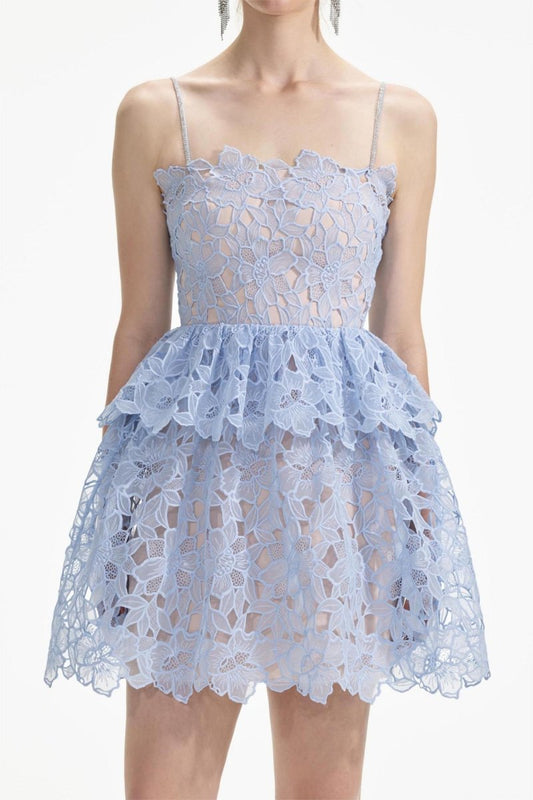 Blue - Women's light blue mini dress featuring intricate floral cutwork lace over a nude lining, embellished spaghetti straps, and a tiered fit-and-flare silhouette.