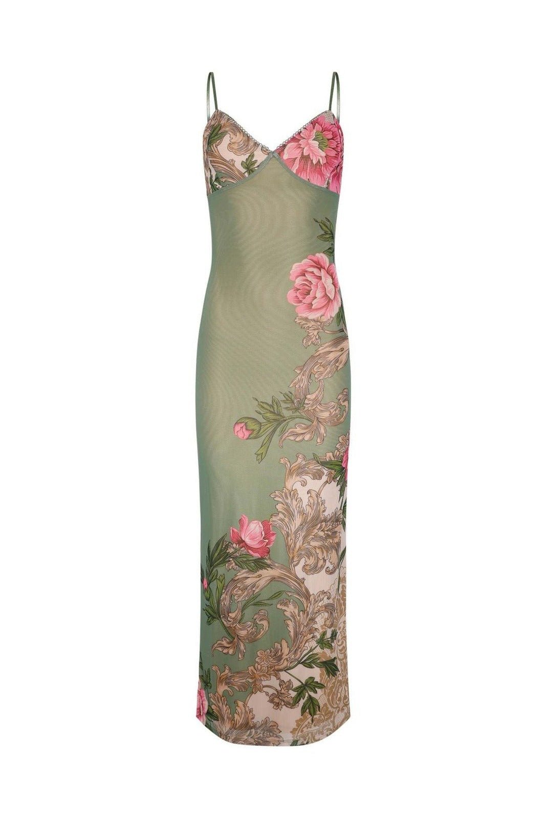 Olive - Women's form-fitting green slip maxi dress featuring a large pink floral and ornate botanical print, styled with delicate spaghetti straps.