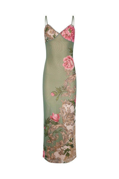 Olive - Women's form-fitting green slip maxi dress featuring a large pink floral and ornate botanical print, styled with delicate spaghetti straps.