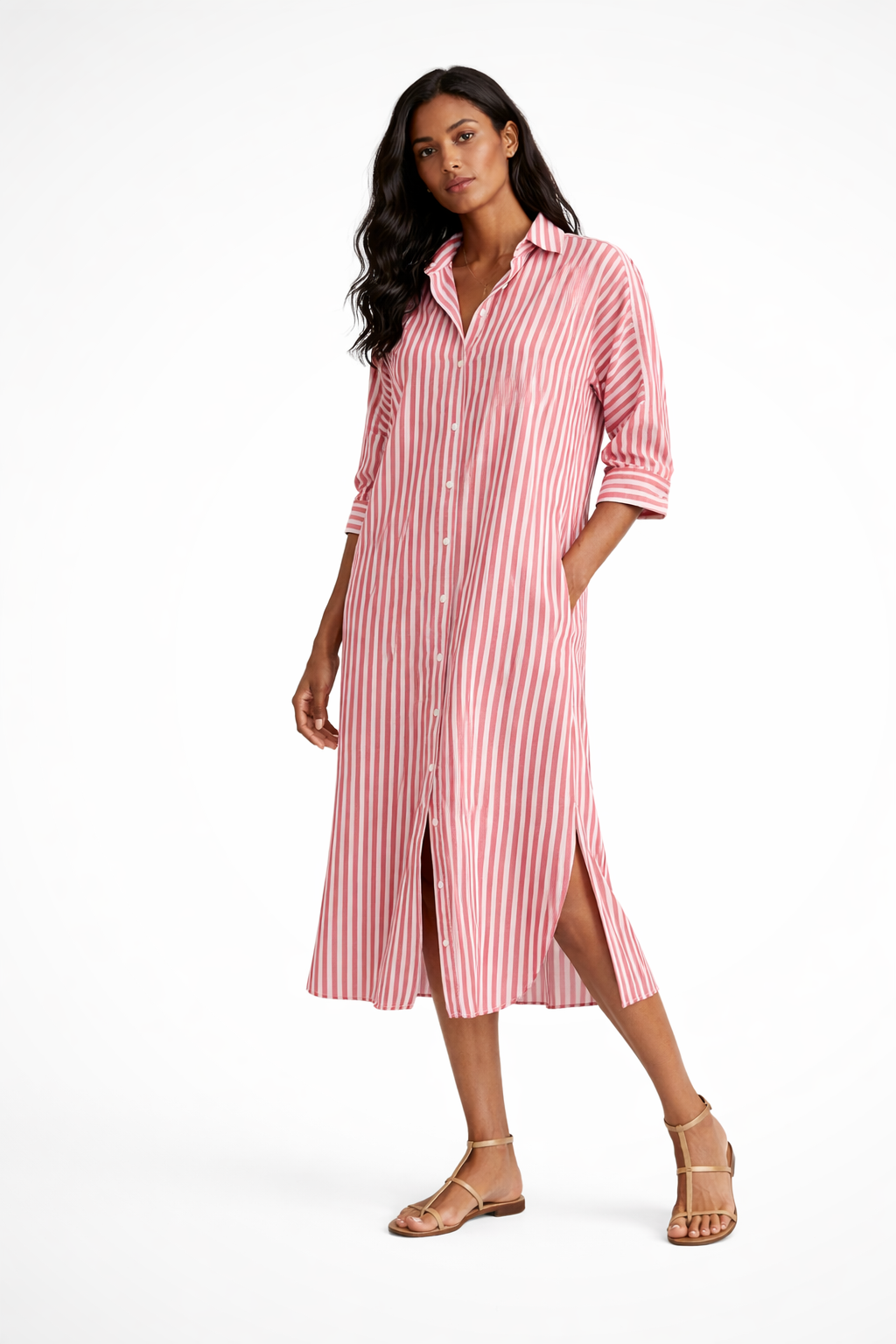 Pink - Woman wearing a striped poplin midi shirt dress with 3/4 sleeves, collar, and side splits on a white background