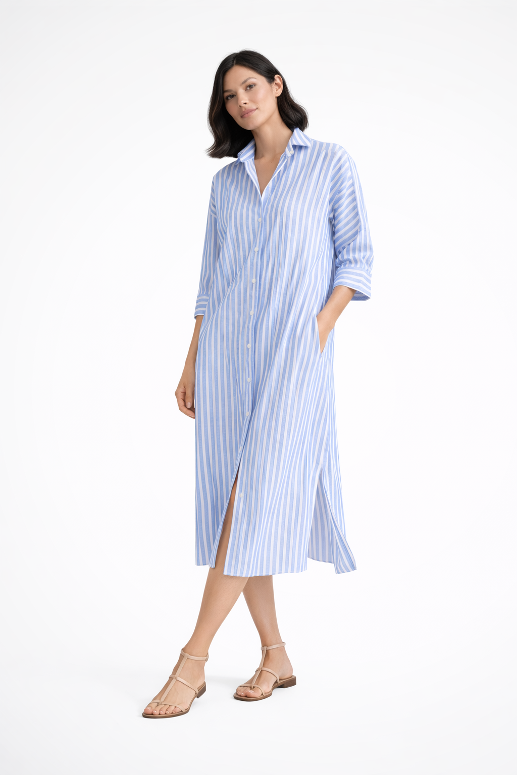 Blue - Woman wearing a striped poplin midi shirt dress with 3/4 sleeves, collar, and side splits on a white background
