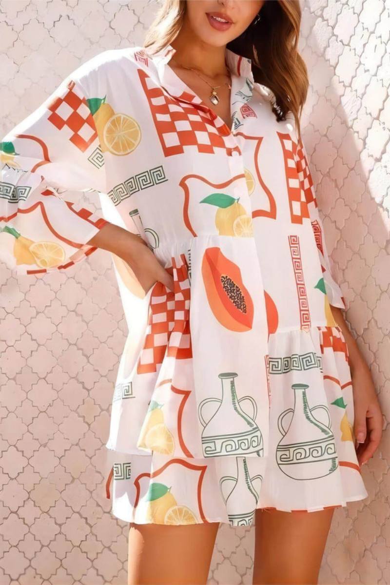 Orange - Women's light-coloured mini dress featuring a blue line-art print of suns and vases, styled with a V-neck collar, button front, wide half sleeves, and a voluminous tiered smock silhouette.
