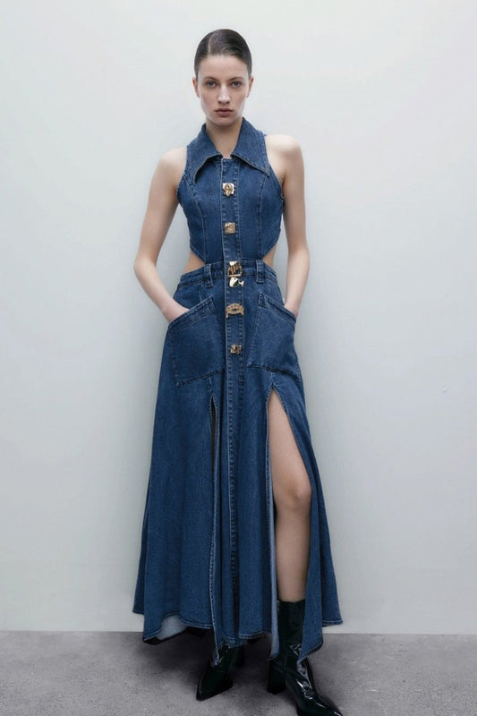 Blue - Women's long denim-style maxi dress featuring a collared halter neck, waist cutouts, metallic button front, large patch pockets, and double front slits.