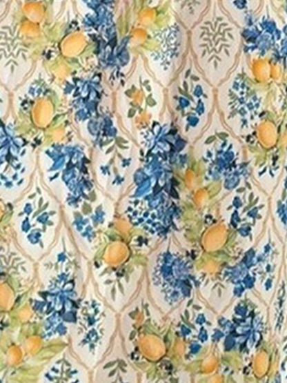 Blue - Woman modelling a printed A-line midi dress featuring a sweetheart neckline, button-down bodice, and adjustable tie-straps.