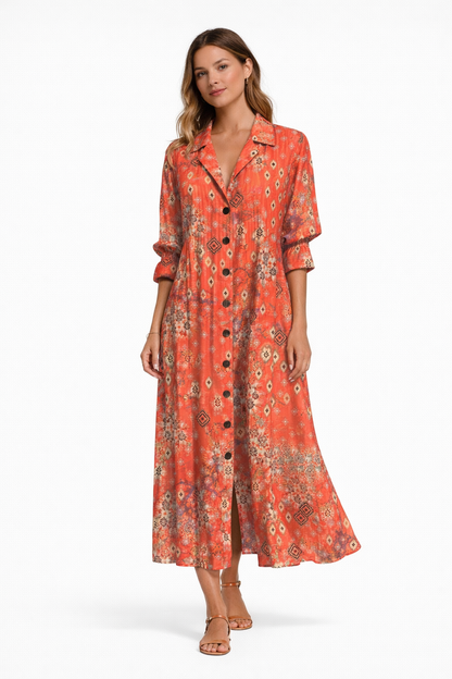 Red Boho Print - Woman wearing a printed woven boho shirt dress with a collared neckline, 3/4-sleeves, and a button-through front