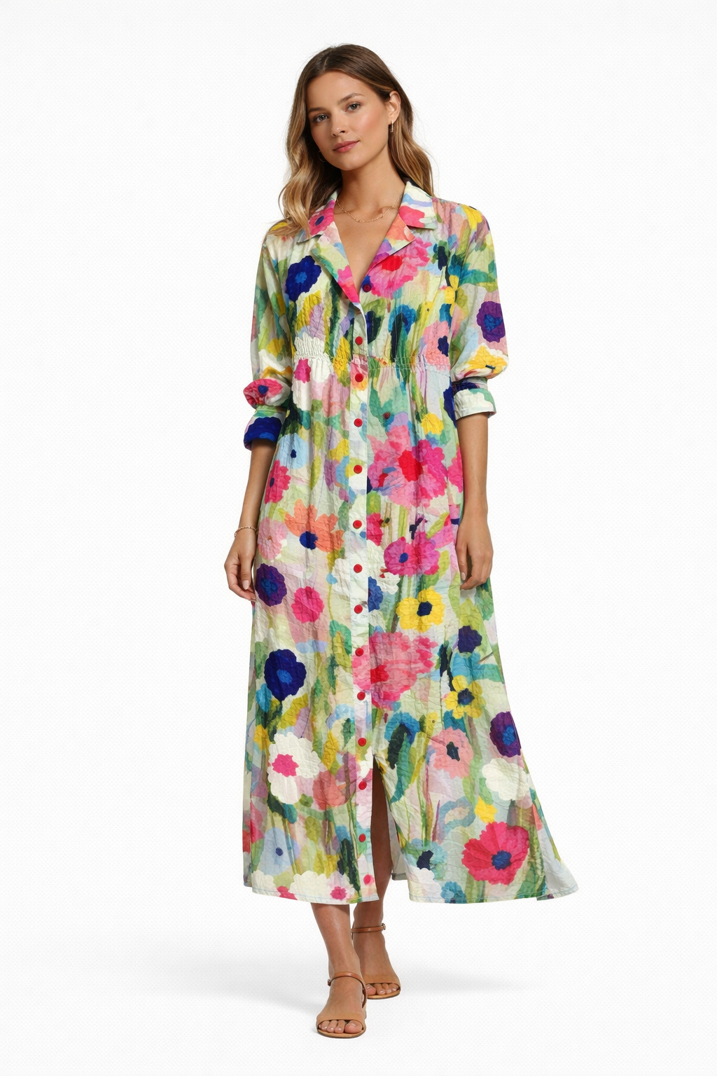 Multicolour Floral - Woman wearing a printed woven boho shirt dress with a collared neckline, 3/4-sleeves, and a button-through front