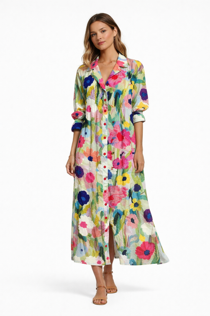 Multicolour Floral - Woman wearing a printed woven boho shirt dress with a collared neckline, 3/4-sleeves, and a button-through front