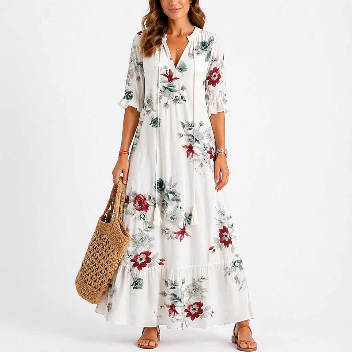 Floral - Model wearing a woven geometric ikat pattern maxi dress featuring a V-neckline with tassel ties, 3/4 sleeves, and a tiered hemline.