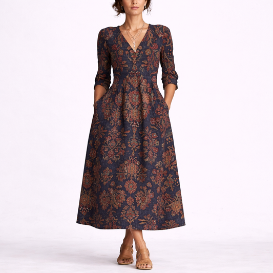 Multicolor - Woman wearing a woven midaxi dress with an intricate damask floral pattern, V-neckline, and 3/4 sleeves, standing against a white background.