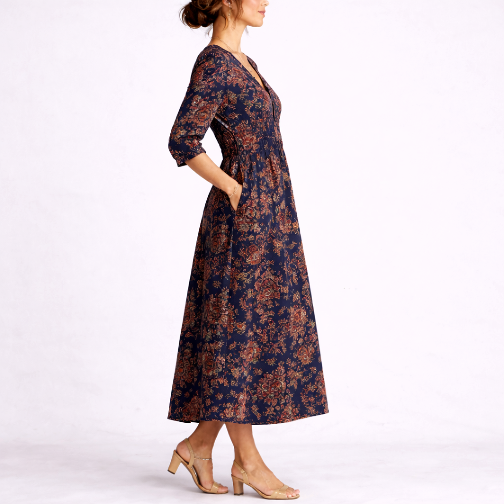 Multicolor - Woman wearing a woven midaxi dress with an intricate damask floral pattern, V-neckline, and 3/4 sleeves, standing against a white background.