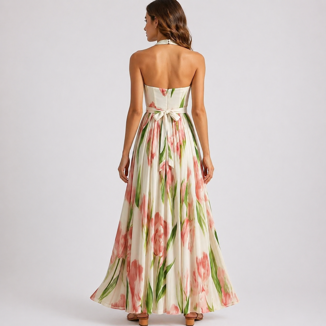 Floral - Woman wearing a flowing floral halter-neck maxi dress with a gathered bodice and sweeping A-line skirt