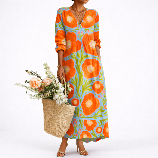 Multicolor - Model wearing a woven floral V-neck relaxed maxi dress with long sleeves and side pockets, holding a woven tote bag with flowers.