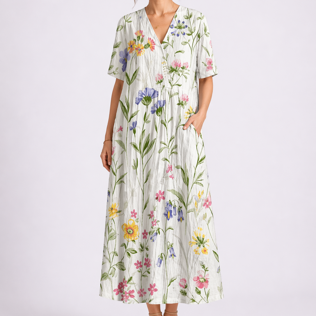 White - Woman wearing a woven floral V-neck maxi dress with short sleeves and side pockets.