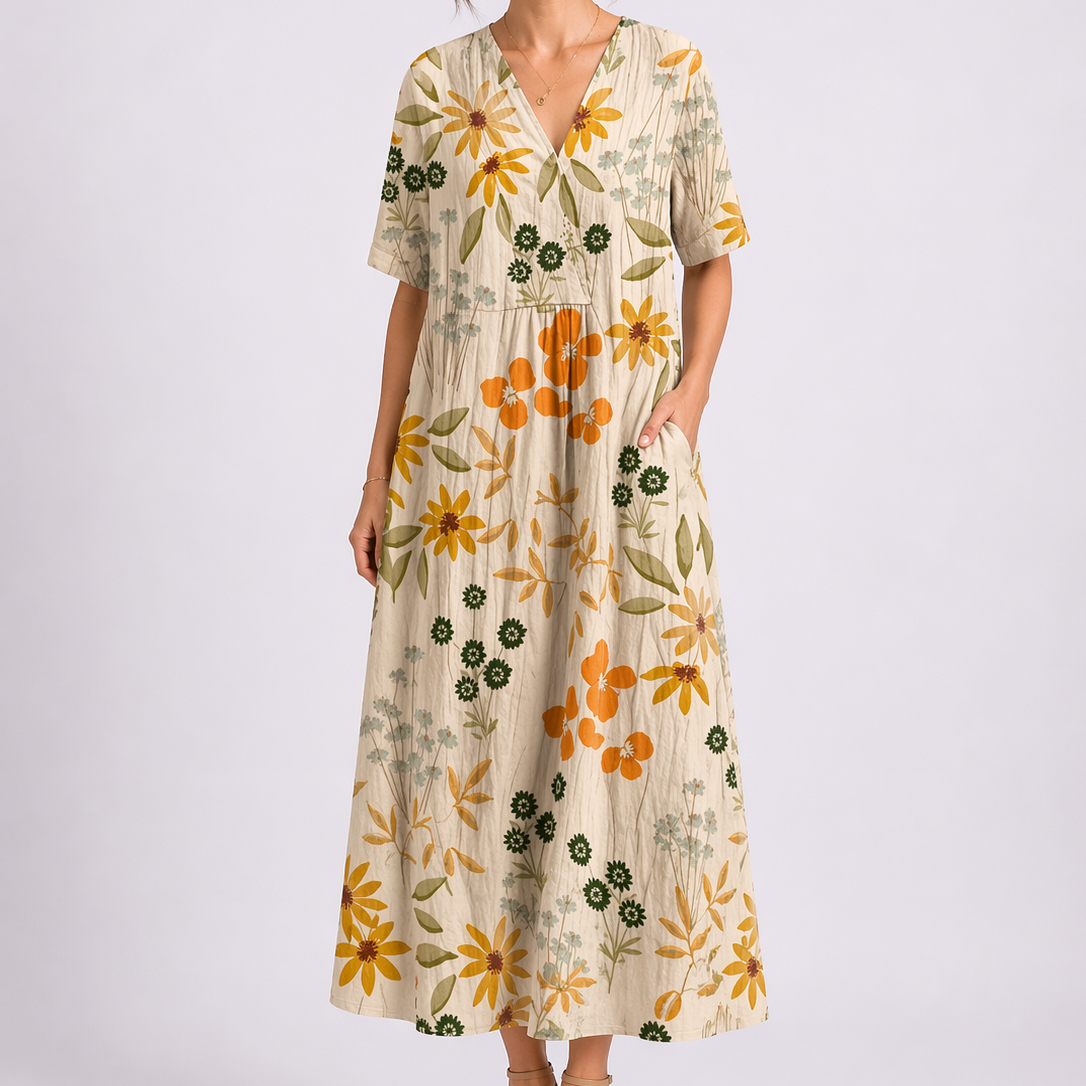 Yellow - Woman wearing a woven floral V-neck maxi dress with short sleeves and side pockets.
