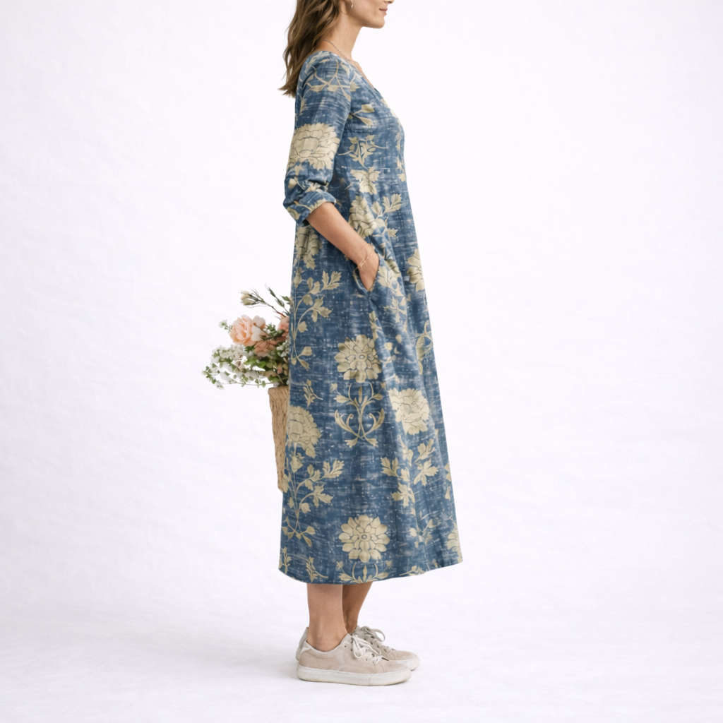 Blue - Woman wearing a woven floral V-neck midi dress with three-quarter sleeves and side pockets, styled with trainers and a straw bag.