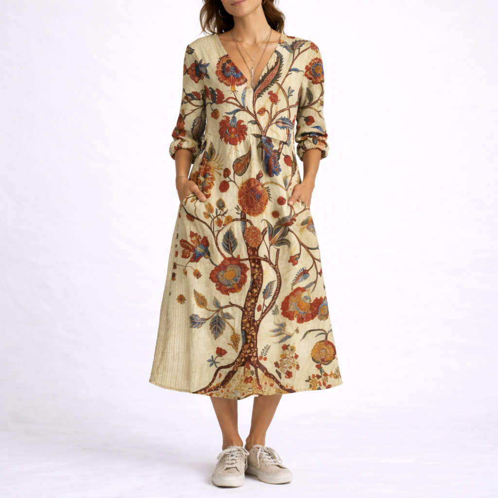 Beige - Woman wearing a woven floral V-neck midi dress with three-quarter sleeves and side pockets, styled with trainers and a straw bag.