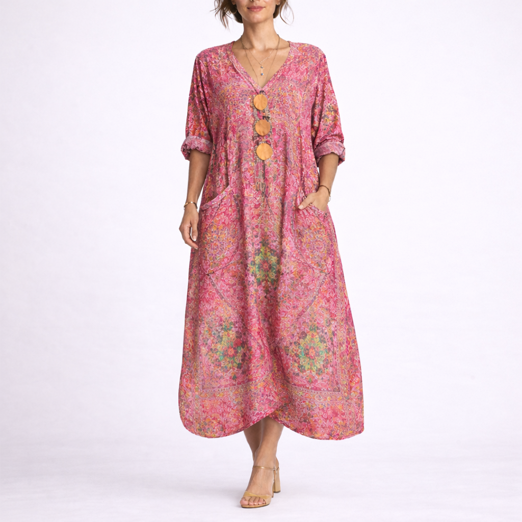 Red - Model wearing a woven paisley print relaxed midaxi dress with a v-neckline, rolled sleeves, large front buttons, and patch pockets.